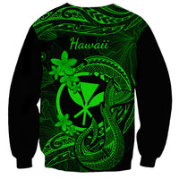 Dark unisex sweatshirt with neon green Hawaii text and Polynesian tattoo fish hook graphic