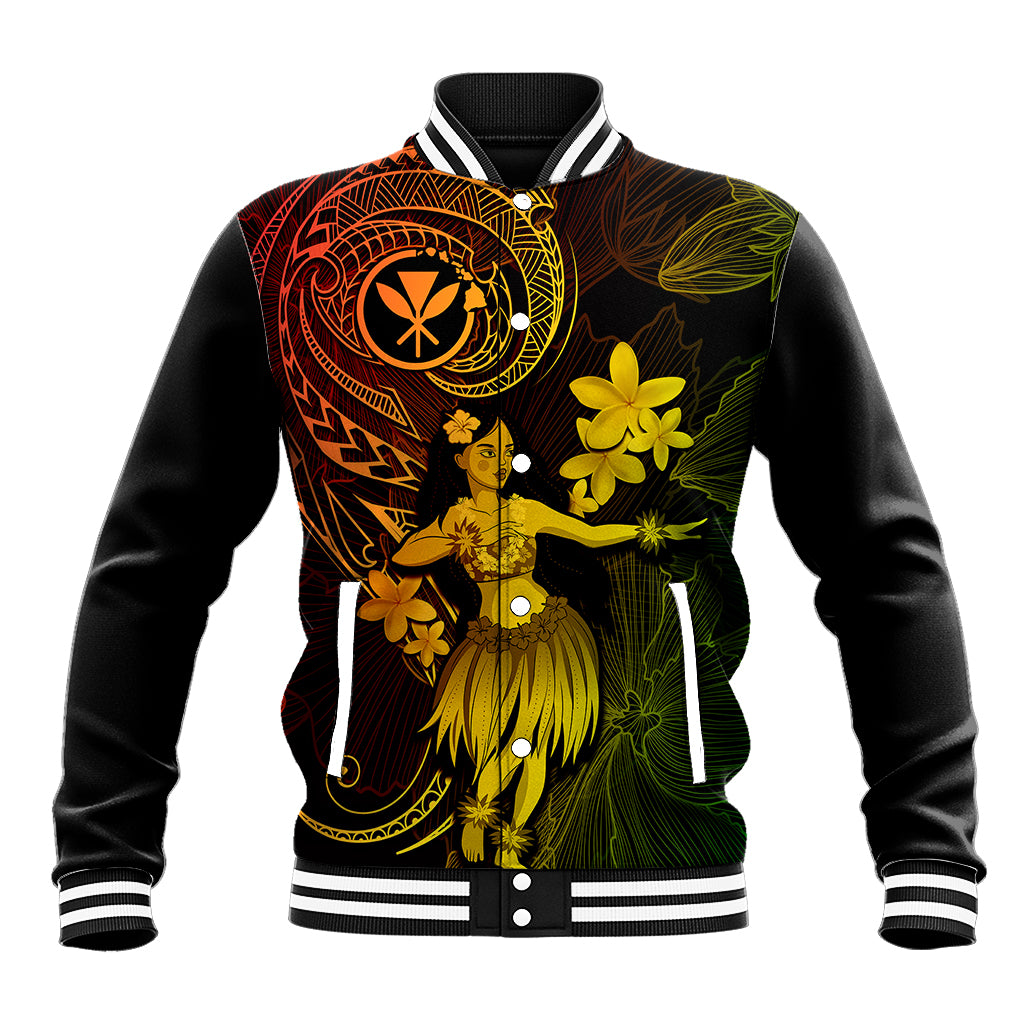 Black varsity baseball jacket with striped collar and gold-green-red hula floral graphic