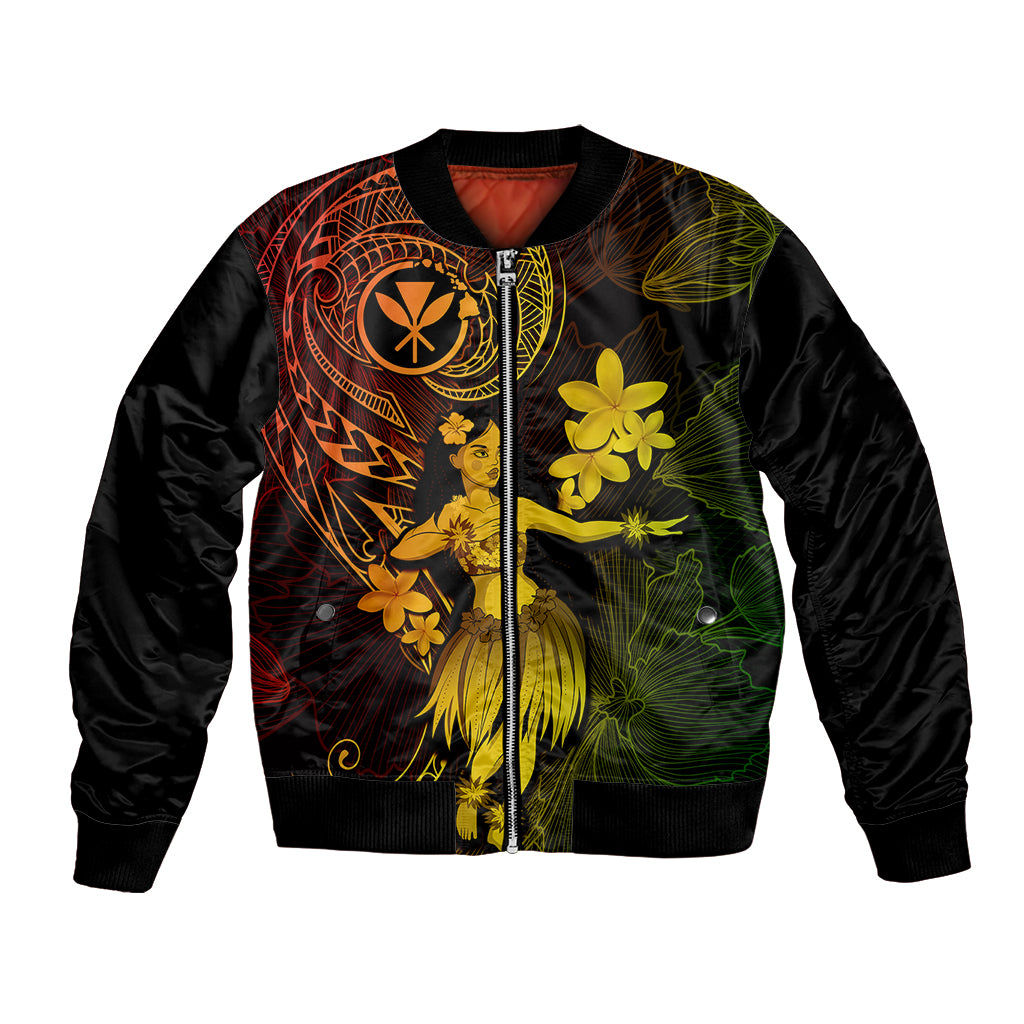 Unisex bomber jacket with zip, black base, colorful hula girl and floral print