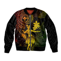 Unisex bomber jacket with zip, black base, colorful hula girl and floral print