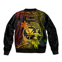 Unisex bomber jacket with back graphic, black base, Hawaii text, hula dancer and flowers