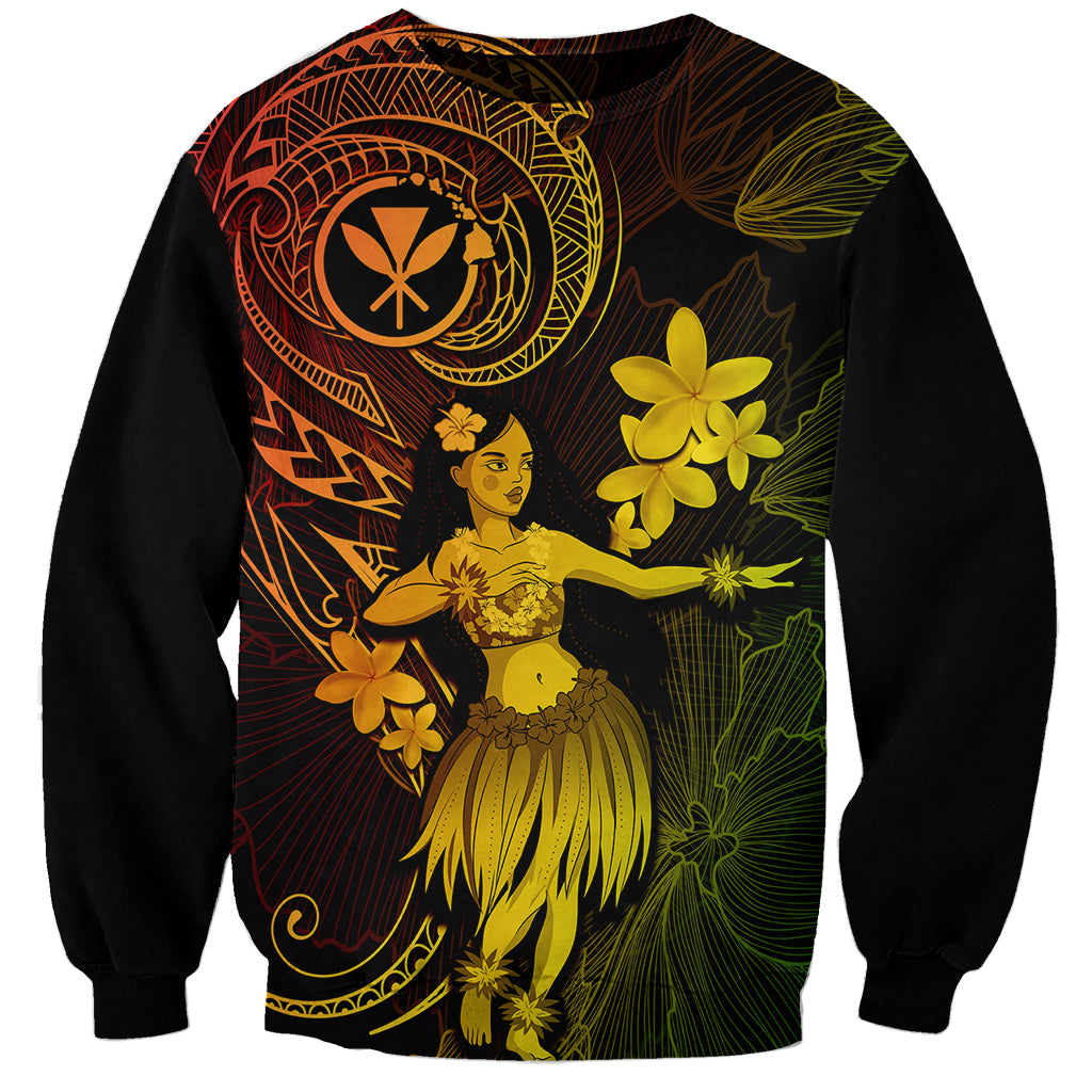 Unisex black sweatshirt with front hula dancer graphic and yellow plumeria flowers