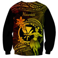 Unisex black sweatshirt with back Hawaii text and hula dancer plumeria graphic