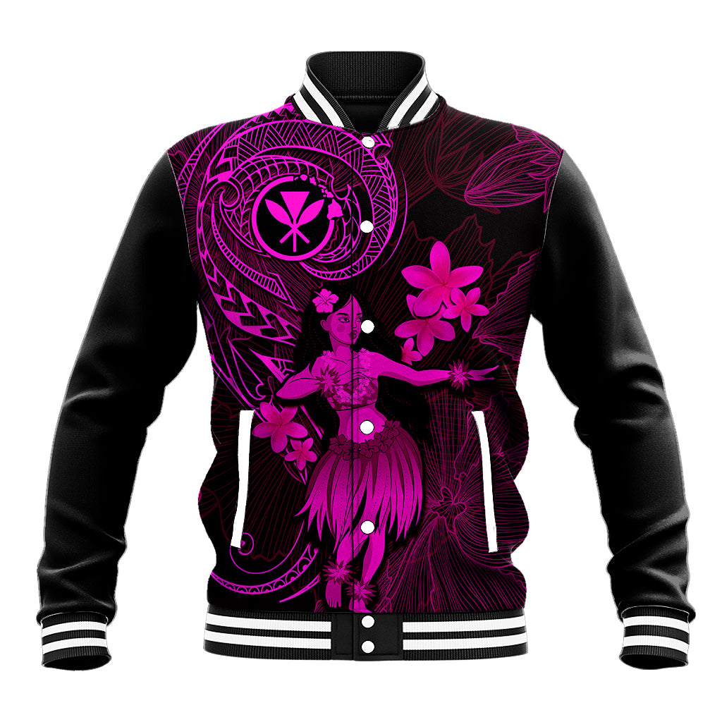 Black baseball jacket with pink dancer and floral print, striped collar and cuffs