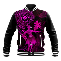 Black baseball jacket with pink dancer and floral print, striped collar and cuffs