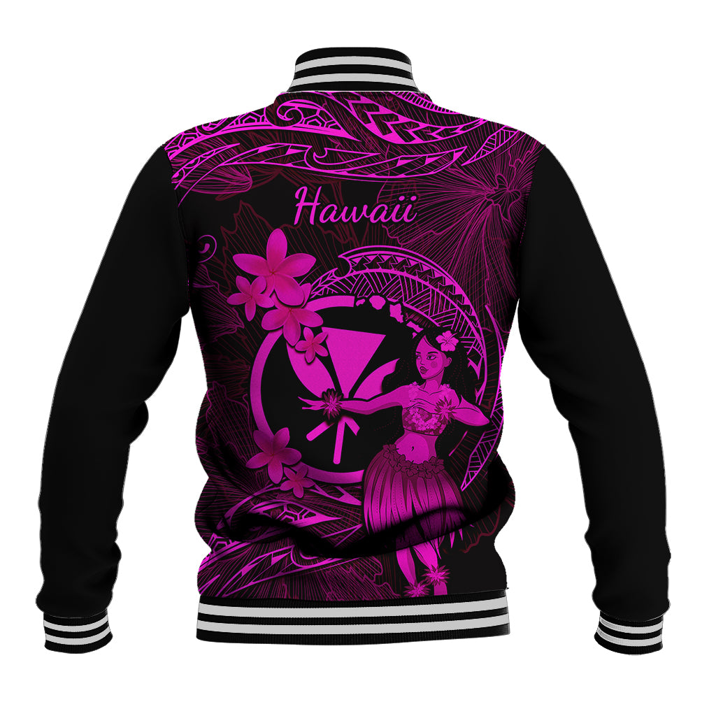 Black baseball jacket with pink back print reading 'Hawaii', floral motifs, striped rib trim