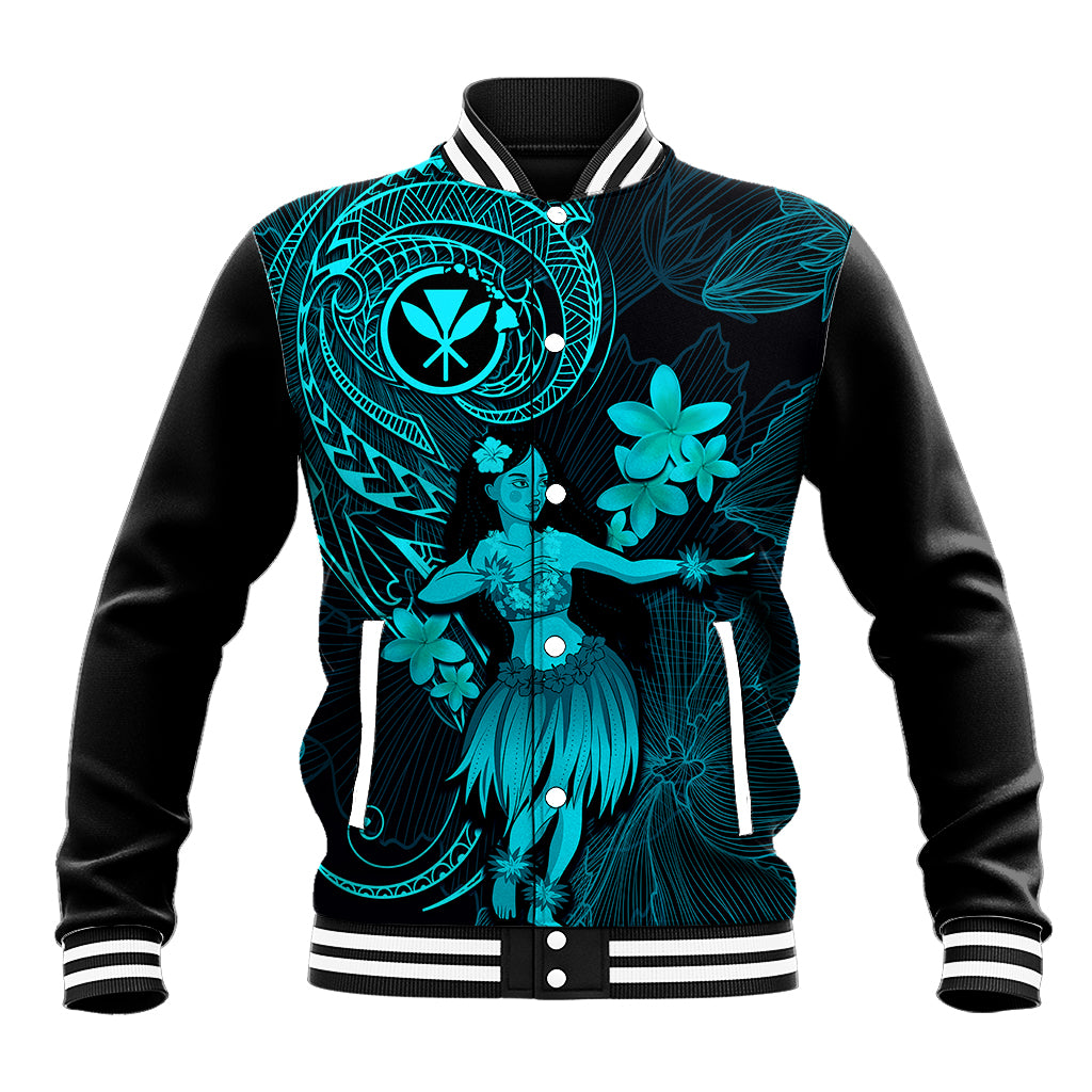 Turquoise and black baseball jacket with hula girl front graphic and ribbed collar