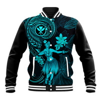 Turquoise and black baseball jacket with hula girl front graphic and ribbed collar
