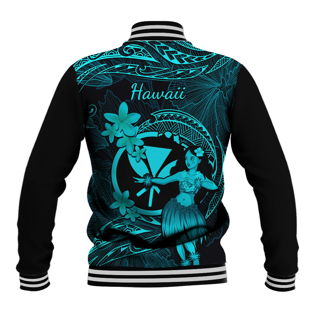 Turquoise and black baseball jacket with 'Hawaii' back graphic, striped cuffs and hem