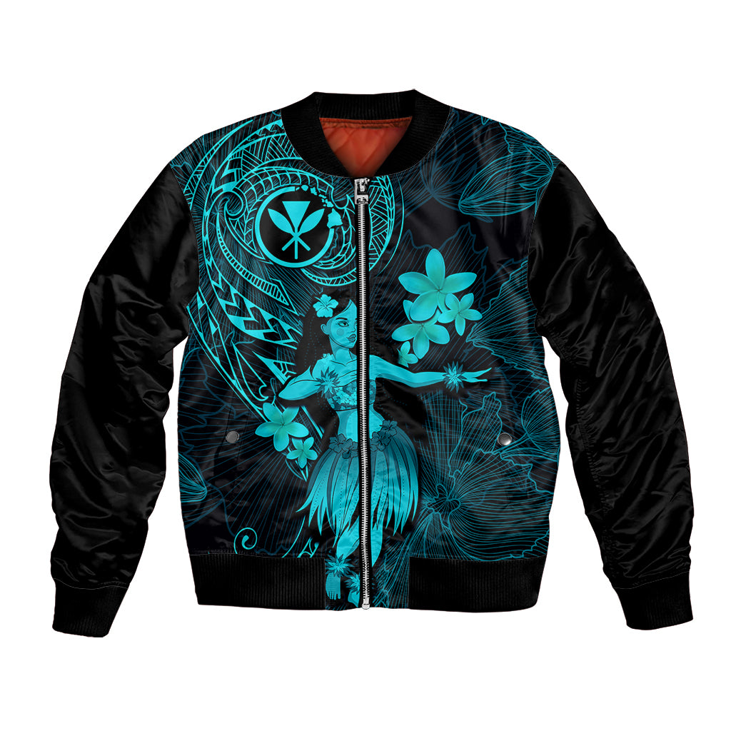 Turquoise and black bomber jacket with front zip, hula girl and floral plumeria print