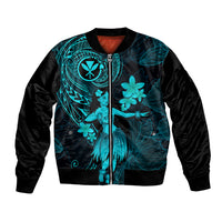 Turquoise and black bomber jacket with front zip, hula girl and floral plumeria print