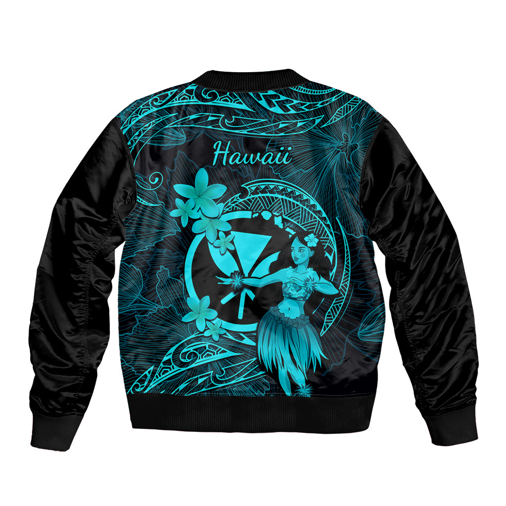 Black bomber jacket with turquoise back print: Hawaii script, hula dancer and flowers