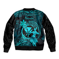 Black bomber jacket with turquoise back print: Hawaii script, hula dancer and flowers
