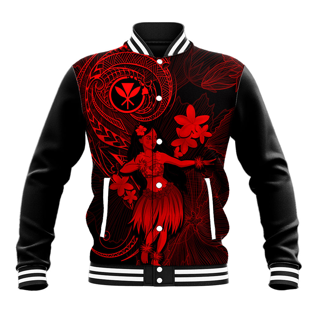 Red and black baseball jacket with hula girl floral graphic and snap-button front