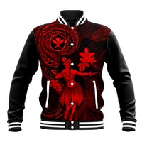Red and black baseball jacket with hula girl floral graphic and snap-button front