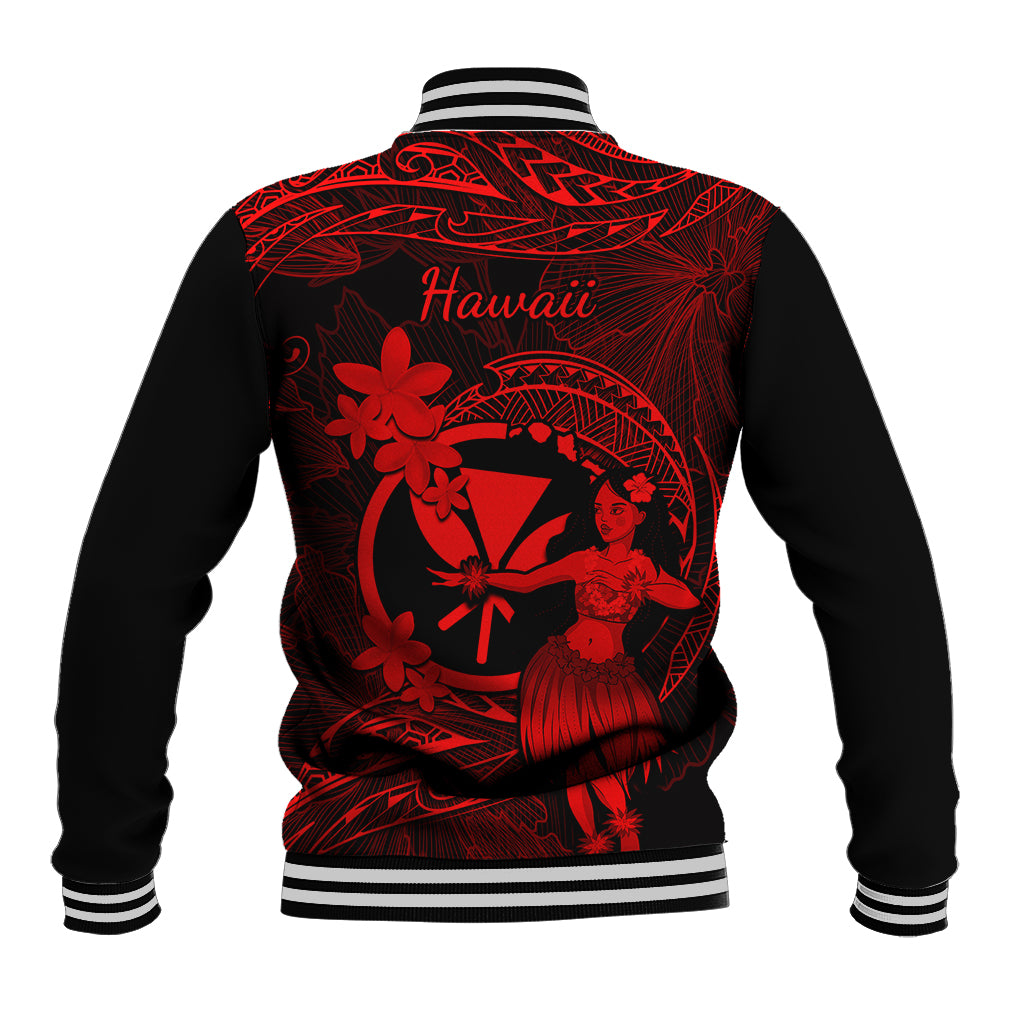 Red and black baseball jacket with "Hawaii" back graphic, striped ribbed collar and cuffs