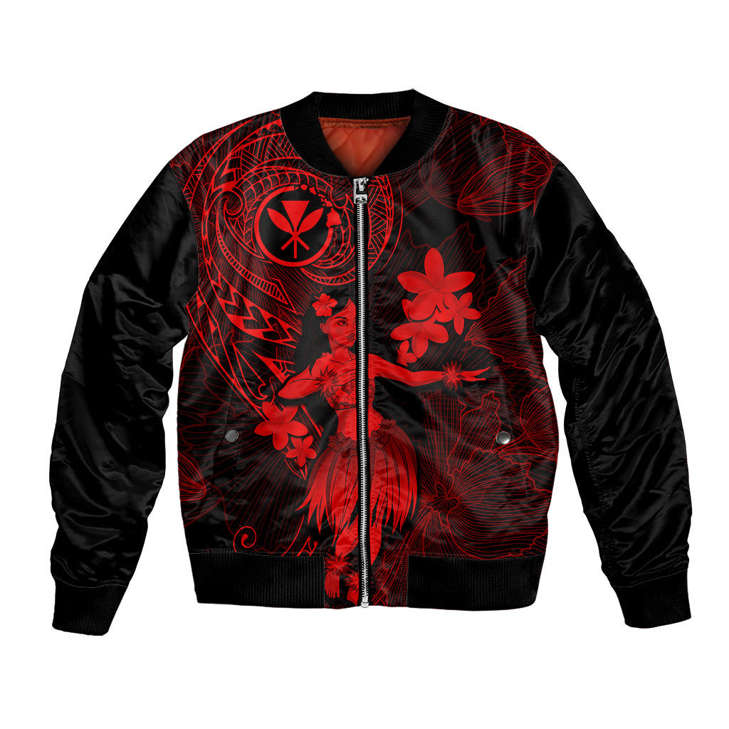 Red and black bomber jacket with front zipper and red floral hula print