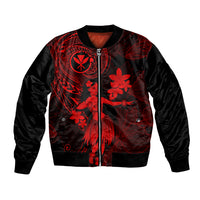 Red and black bomber jacket with front zipper and red floral hula print