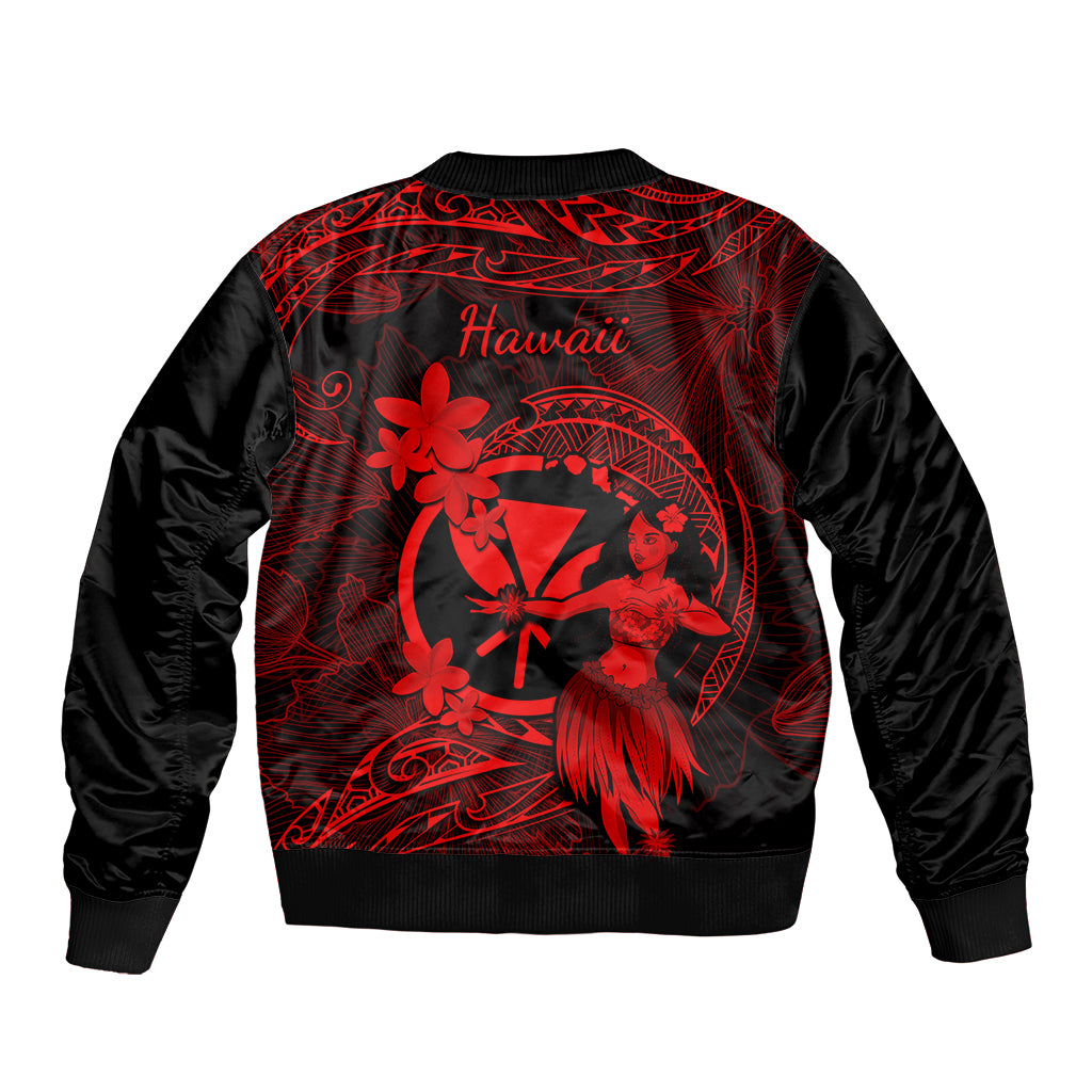Black bomber jacket back with red Hawaii text and hula dancer floral graphic
