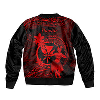 Black bomber jacket back with red Hawaii text and hula dancer floral graphic