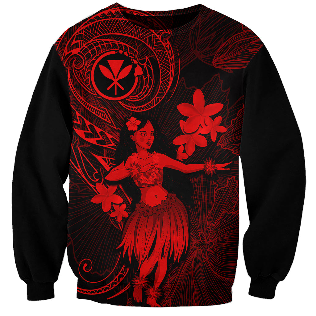 Red and black hula girl sweatshirt with floral polynesian graphic on front