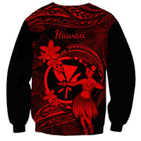 Red and black sweatshirt with Hawaii text and circular polynesian hula girl graphic