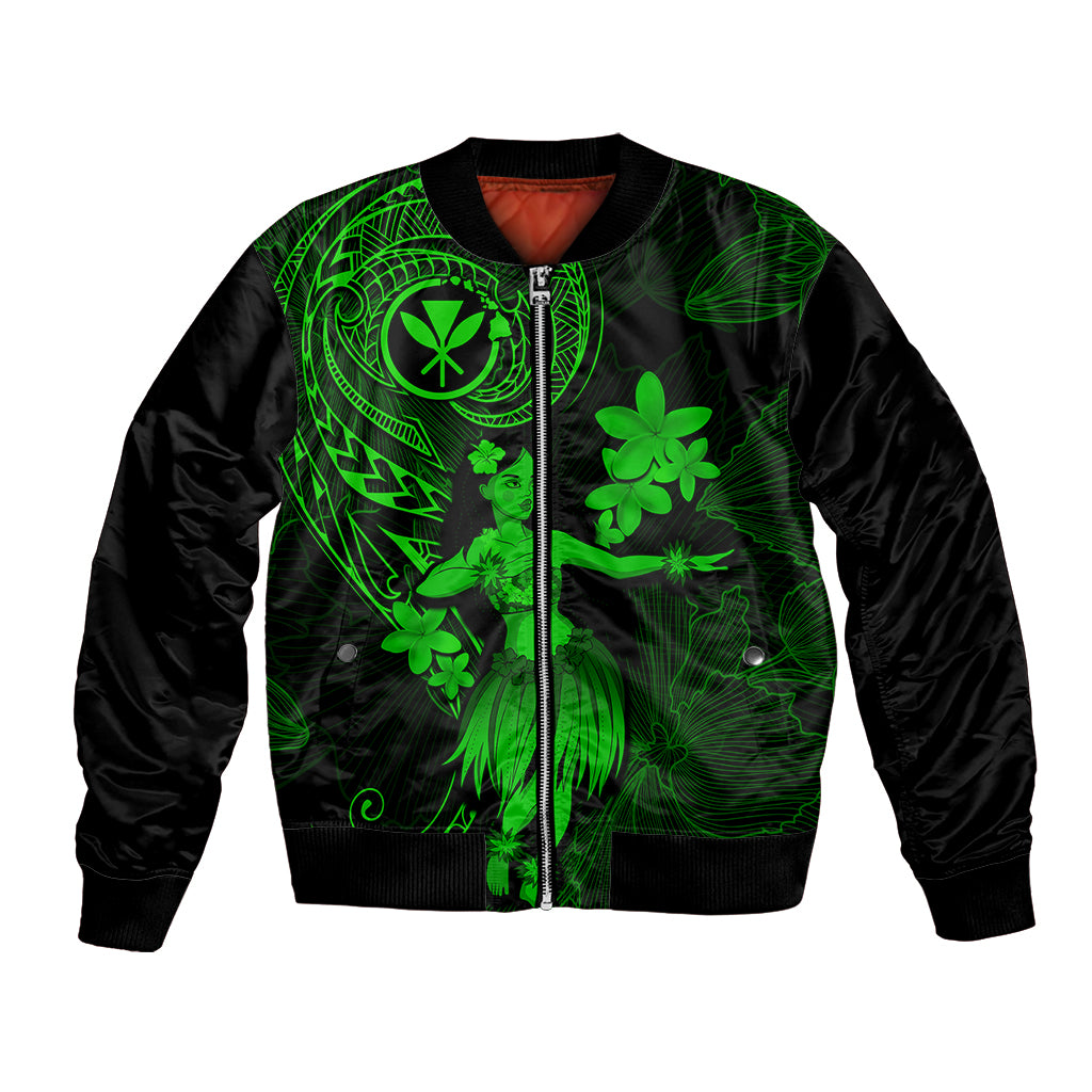 Green and black bomber jacket with front zipper, neon hula girl and flower graphic