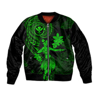 Green and black bomber jacket with front zipper, neon hula girl and flower graphic