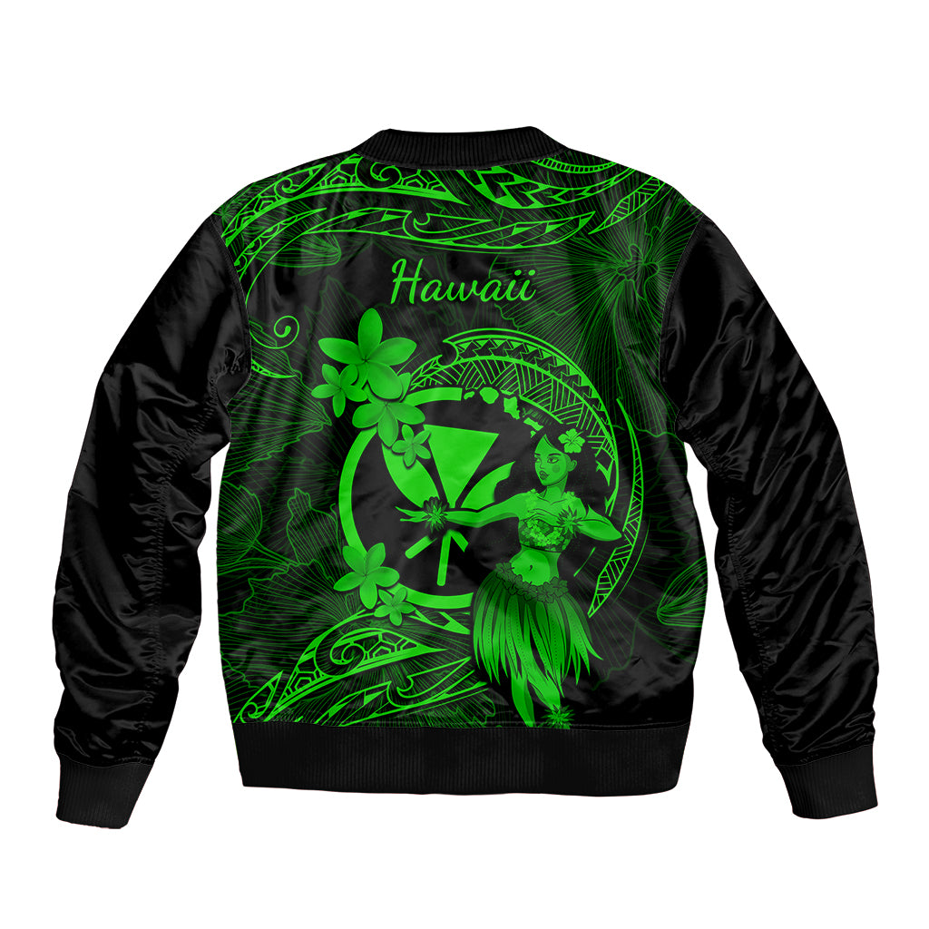 Green and black bomber jacket, back graphic with 'Hawaii' text and hula dancer