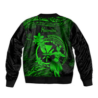 Green and black bomber jacket, back graphic with 'Hawaii' text and hula dancer