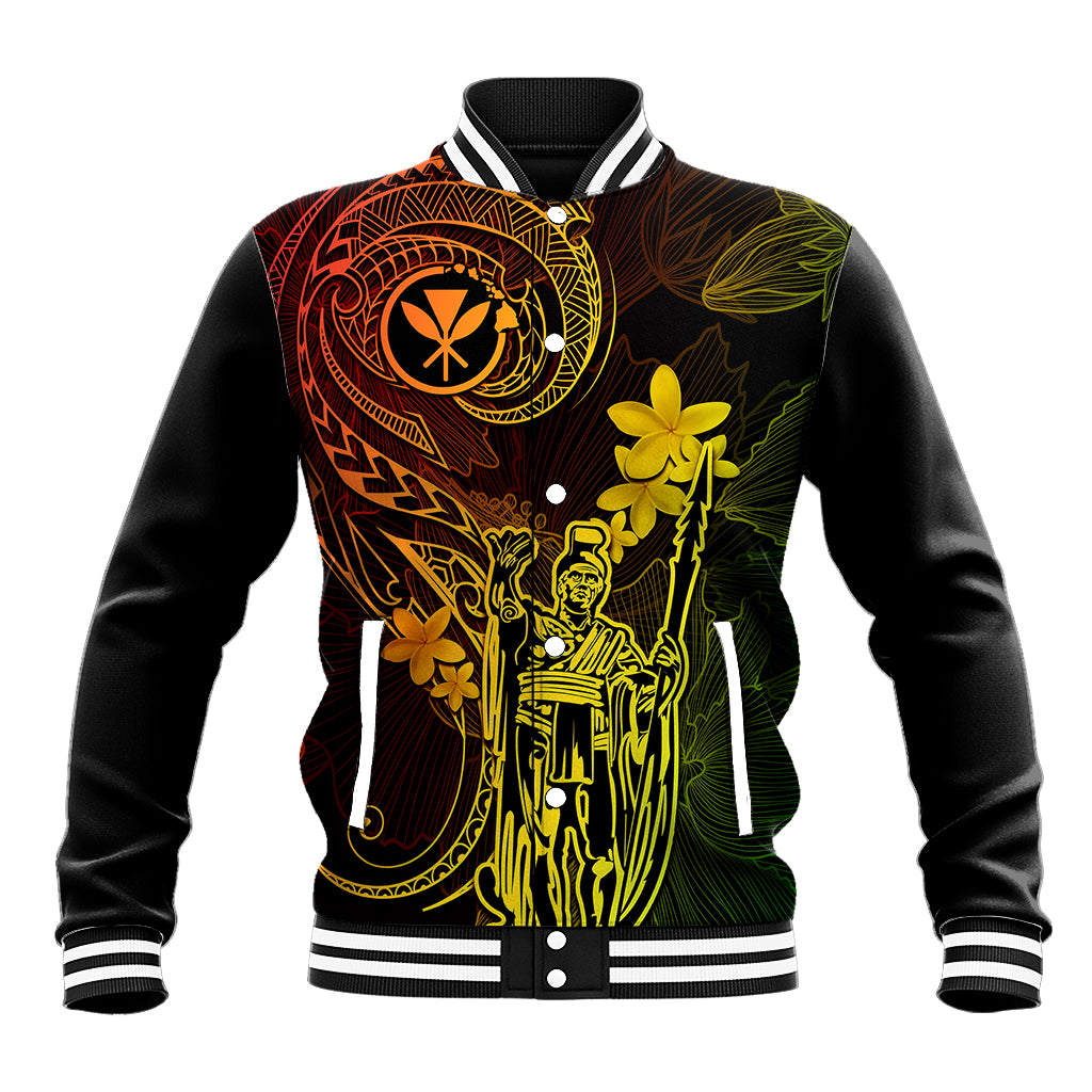 Black baseball jacket with colorful Polynesian graphic, striped ribbed collar and cuffs, snap front