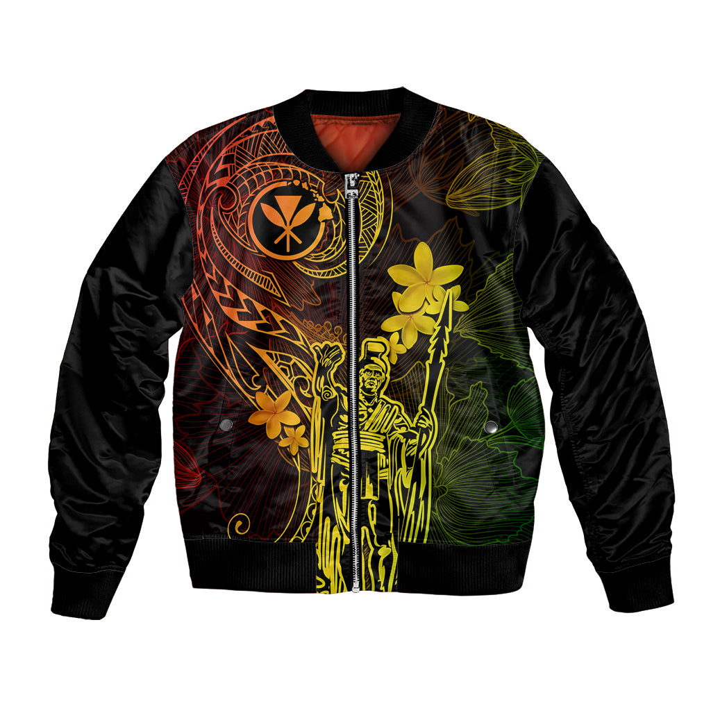 Black bomber jacket with colorful Polynesian art, plumeria flowers, and zip front