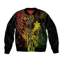 Black bomber jacket with colorful Polynesian art, plumeria flowers, and zip front