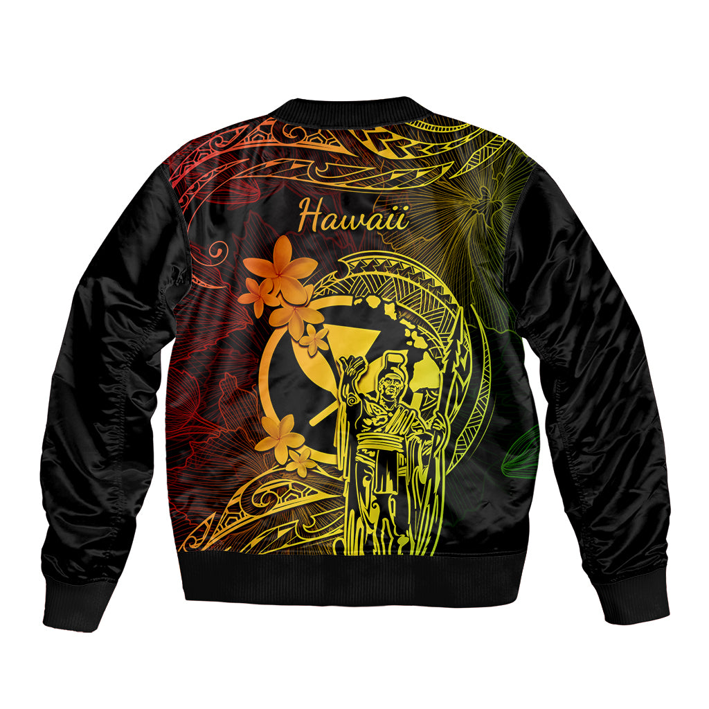 Black bomber jacket with back Hawaii text, gold Polynesian figure, and flower graphics