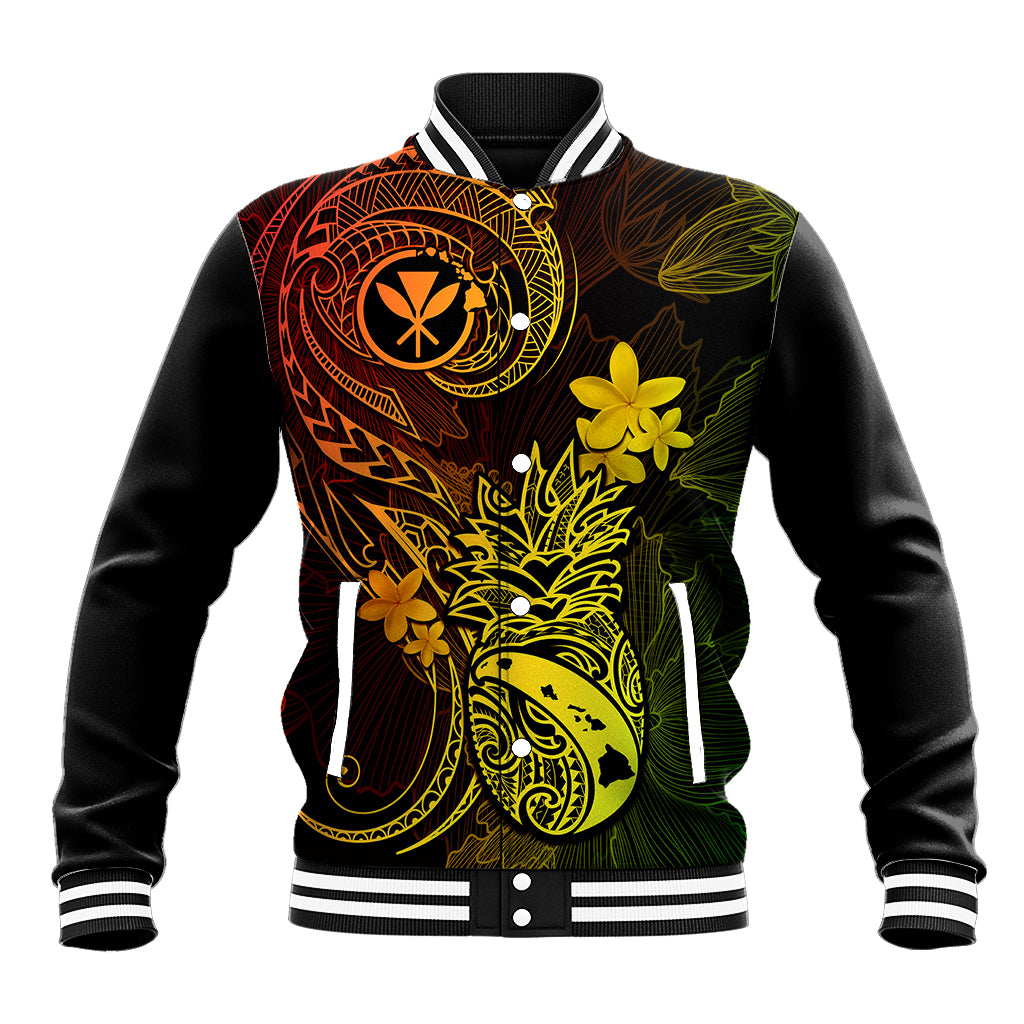 Black unisex baseball jacket with tropical yellow/green/red floral graphics, striped collar and cuffs
