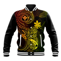 Black unisex baseball jacket with tropical yellow/green/red floral graphics, striped collar and cuffs