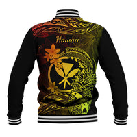 Black unisex baseball jacket back with 'Hawaii' text and tropical yellow/green/red print, striped hem