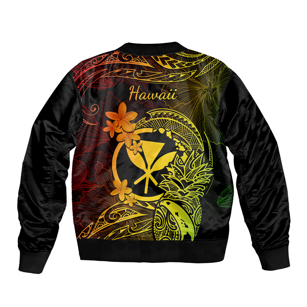 Unisex black bomber jacket with ribbed hem and 'Hawaii' tropical floral back design