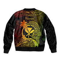 Unisex black bomber jacket with ribbed hem and 'Hawaii' tropical floral back design