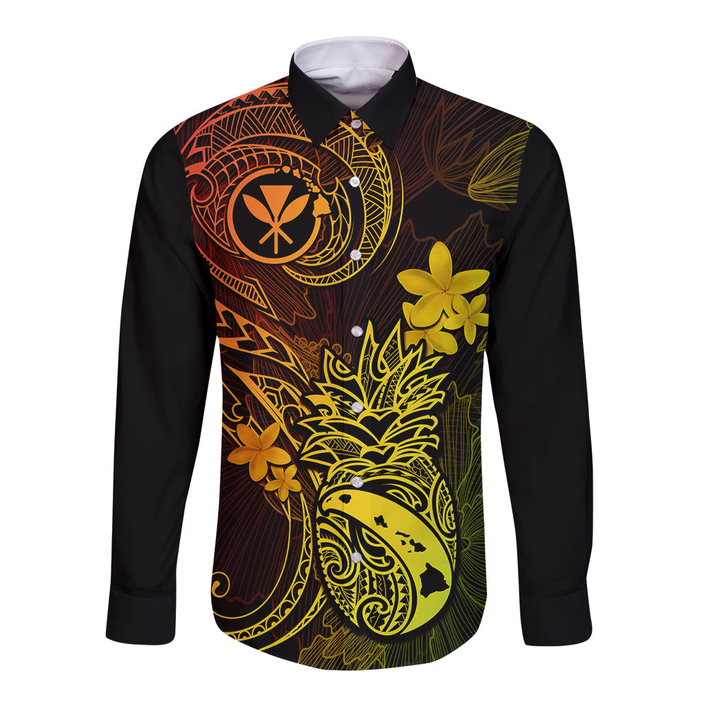 Long sleeve button shirt with black base and gold, green, orange tropical graphic front