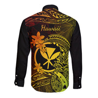 Long sleeve button shirt, black with back 'Hawaii' print and gold, green, orange tropical art
