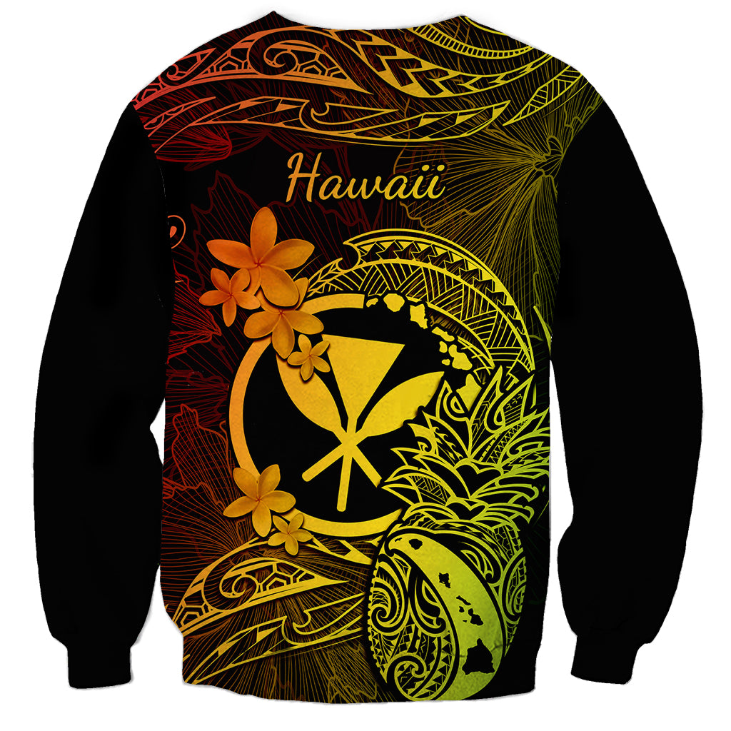 Unisex crewneck sweatshirt with Hawaii text and colorful tropical Polynesian graphic on back