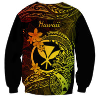 Unisex crewneck sweatshirt with Hawaii text and colorful tropical Polynesian graphic on back