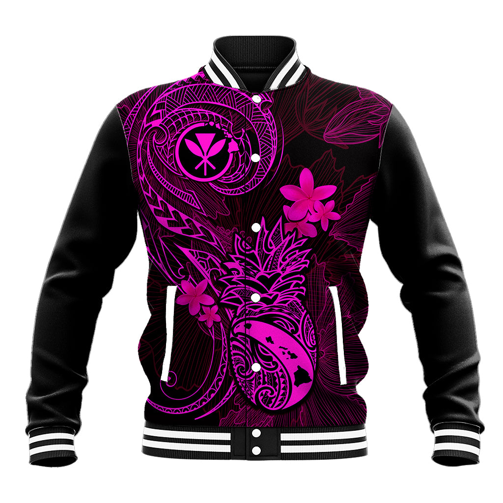 Unisex baseball jacket in black with pink floral and pineapple graphics, snap buttons.