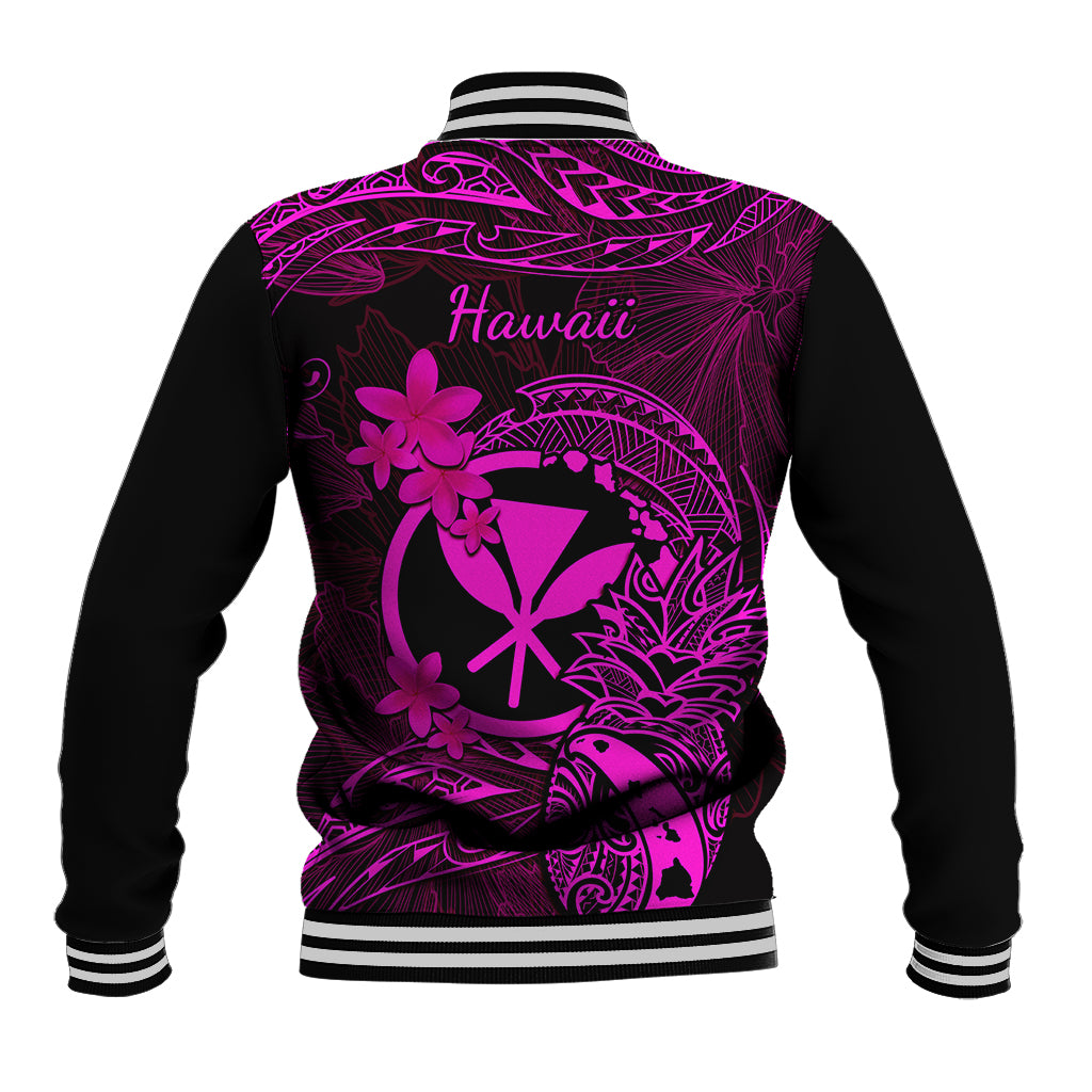 Unisex baseball jacket back in black with pink-purple Hawaii text and tropical floral art.