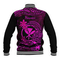 Unisex baseball jacket back in black with pink-purple Hawaii text and tropical floral art.