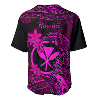 Back of black baseball jersey with pink 'Hawaii' script and floral, tribal tiki graphic