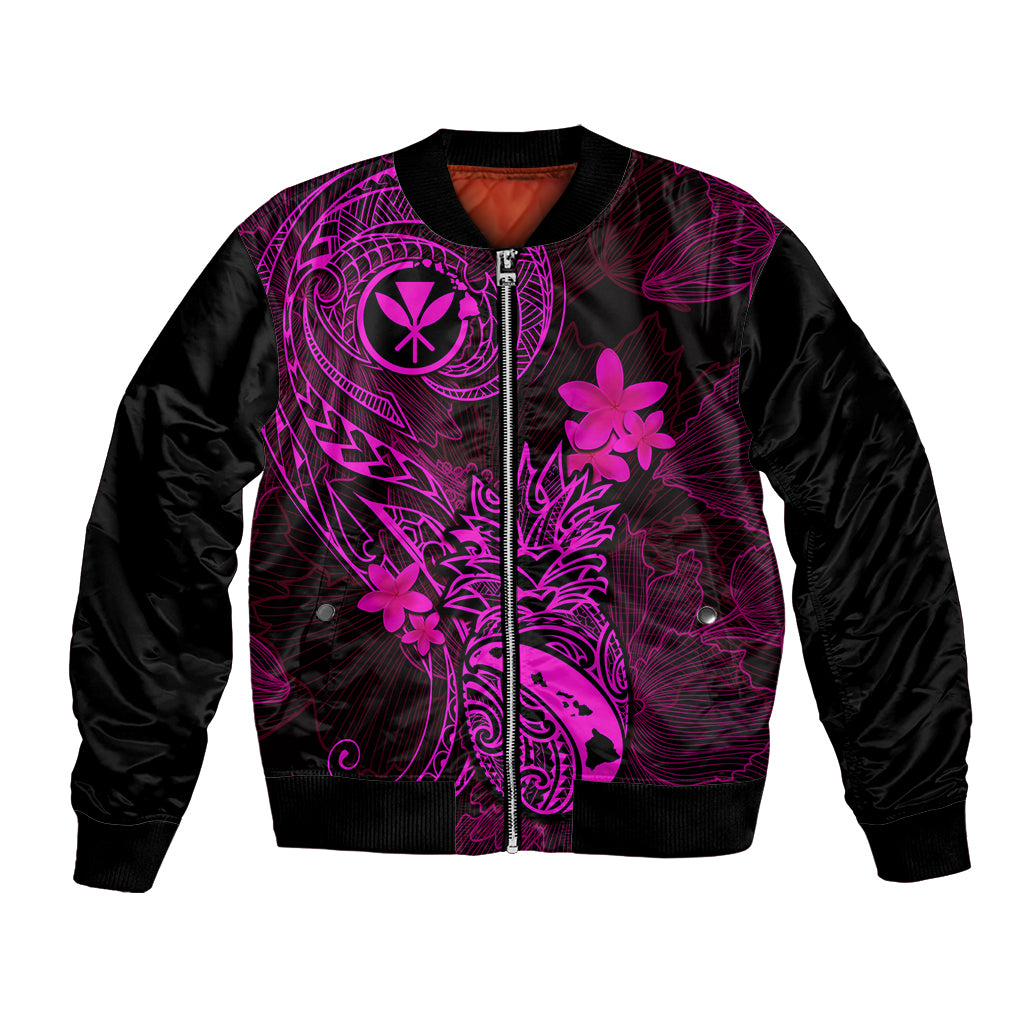 Unisex pink-and-purple zip-up bomber jacket with black sleeves, front floral graphic