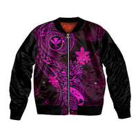 Unisex pink-and-purple zip-up bomber jacket with black sleeves, front floral graphic