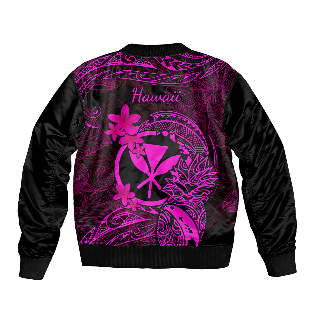 Unisex black bomber jacket with pink back print, script Hawaii and floral designs